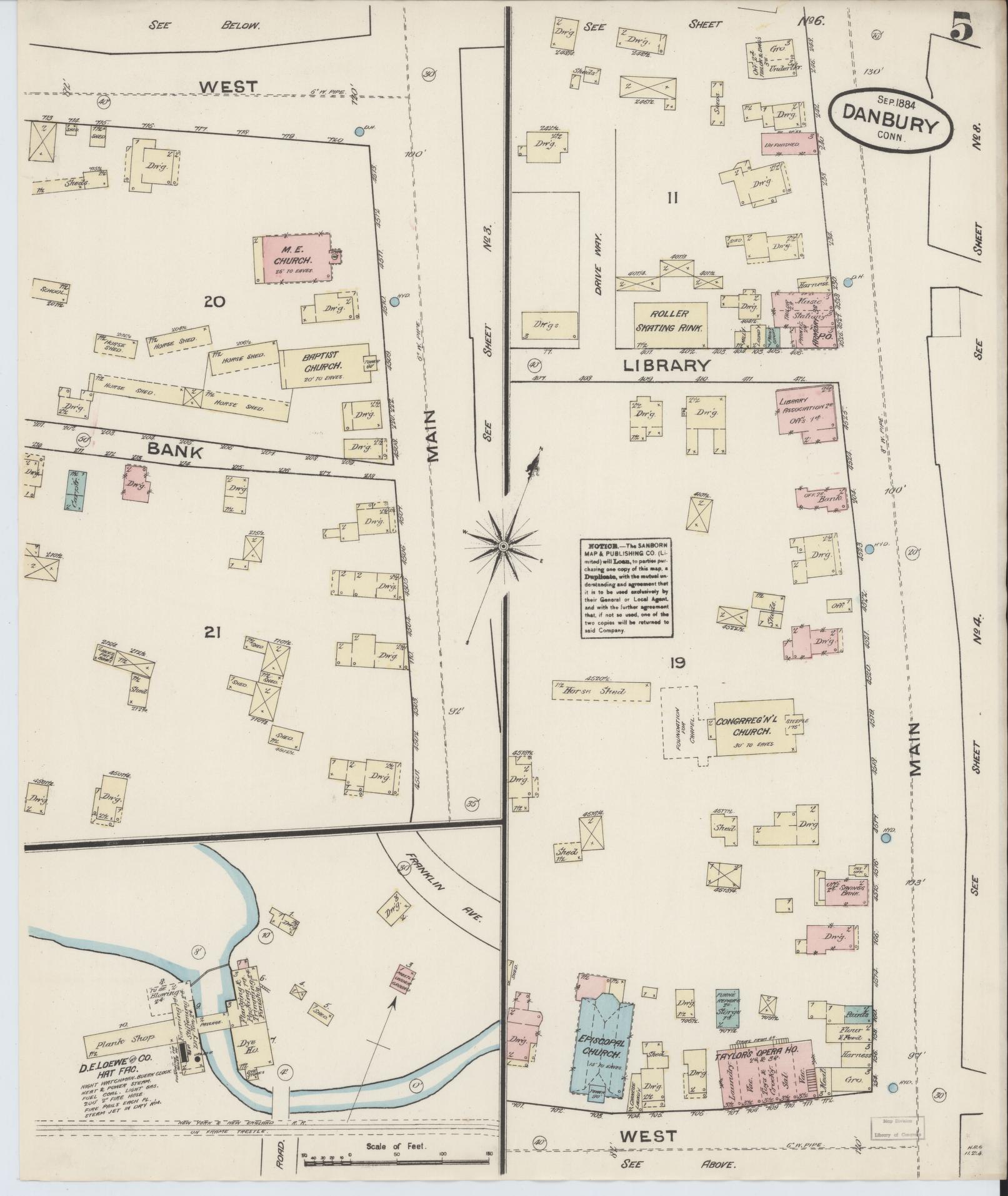 Sanborn Fire Insurance Map from Danbury, Fairfield County, Connecticut (1884), Sheet #0005 - Historic Sanborn Fire Insurance Map Print, vintage old map wall art, antique decor, genealogy gift, Connecticut Connecticut map