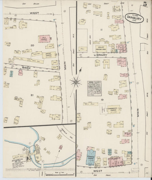Sanborn Fire Insurance Map from Danbury, Fairfield County, Connecticut (1884), Sheet #0005 - Historic Sanborn Fire Insurance Map Print, vintage old map wall art, antique decor, genealogy gift, Connecticut Connecticut map