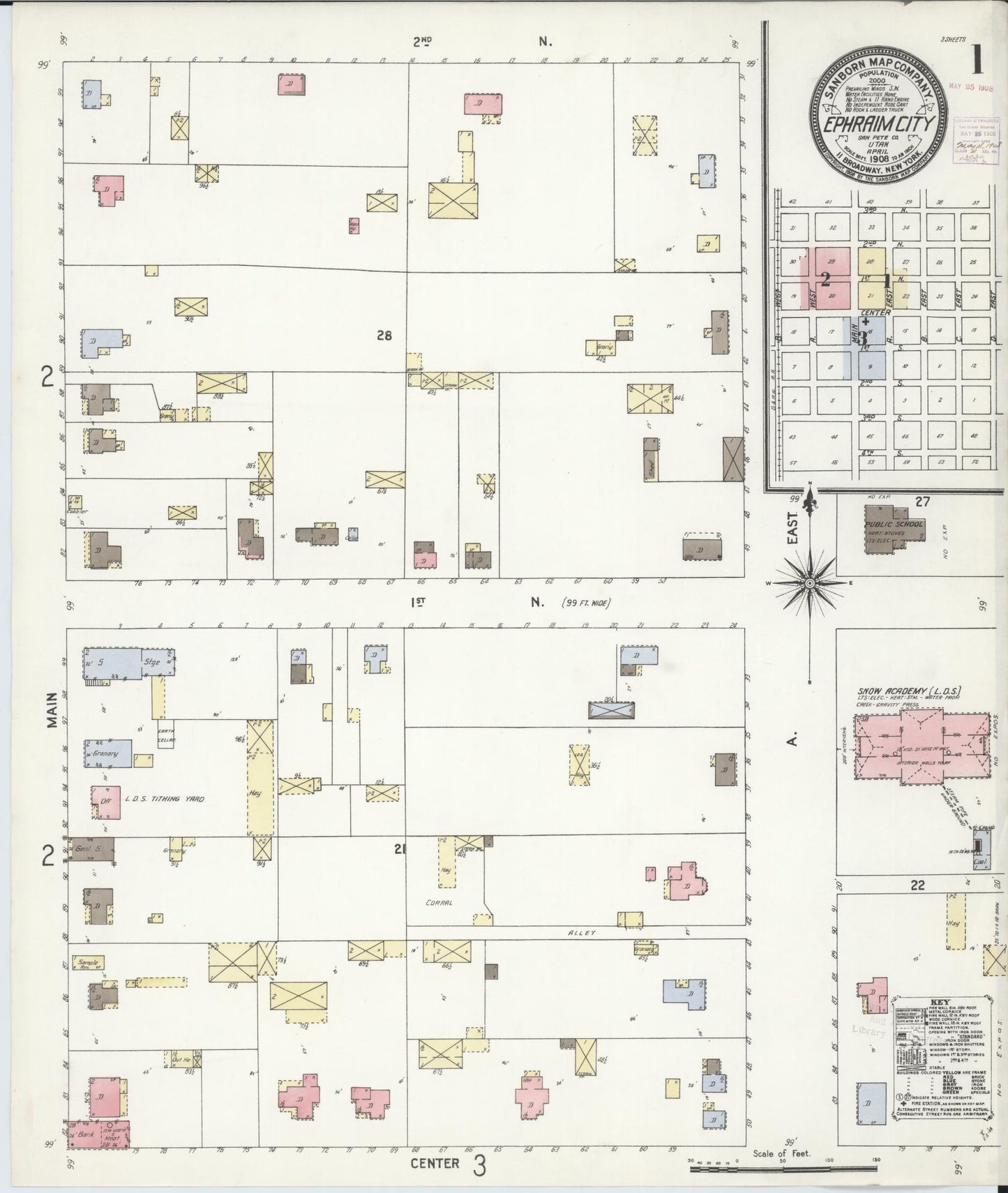 Sanborn Fire Insurance Map from Ephraim, Sanpete County, Utah (1908), Sheet #0001 - Historic Sanborn Fire Insurance Map Print, vintage old map wall art, antique decor, genealogy gift, Utah Utah map