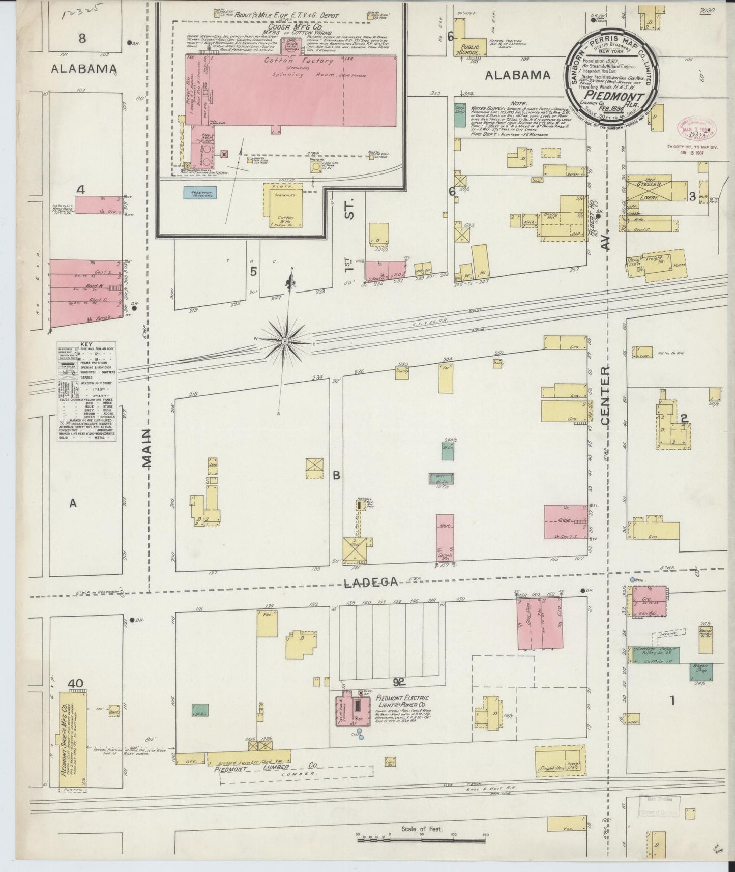 Sanborn Fire Insurance Map from Piedmont, Calhoun County, Alabama (1894), Sheet #0001 - Historic Sanborn Fire Insurance Map Print, vintage old map wall art, antique decor, genealogy gift, Alabama Alabama map