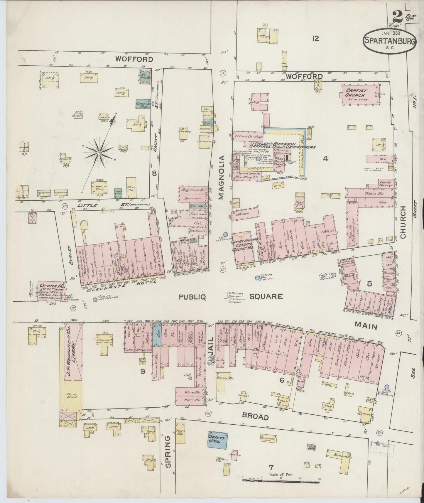 Sanborn Fire Insurance Map from Spartanburg, Spartanburg County, South Carolina (1888), Sheet #0002 - Historic Sanborn Fire Insurance Map Print, vintage old map wall art, antique decor, genealogy gift, South Carolina South Carolina map