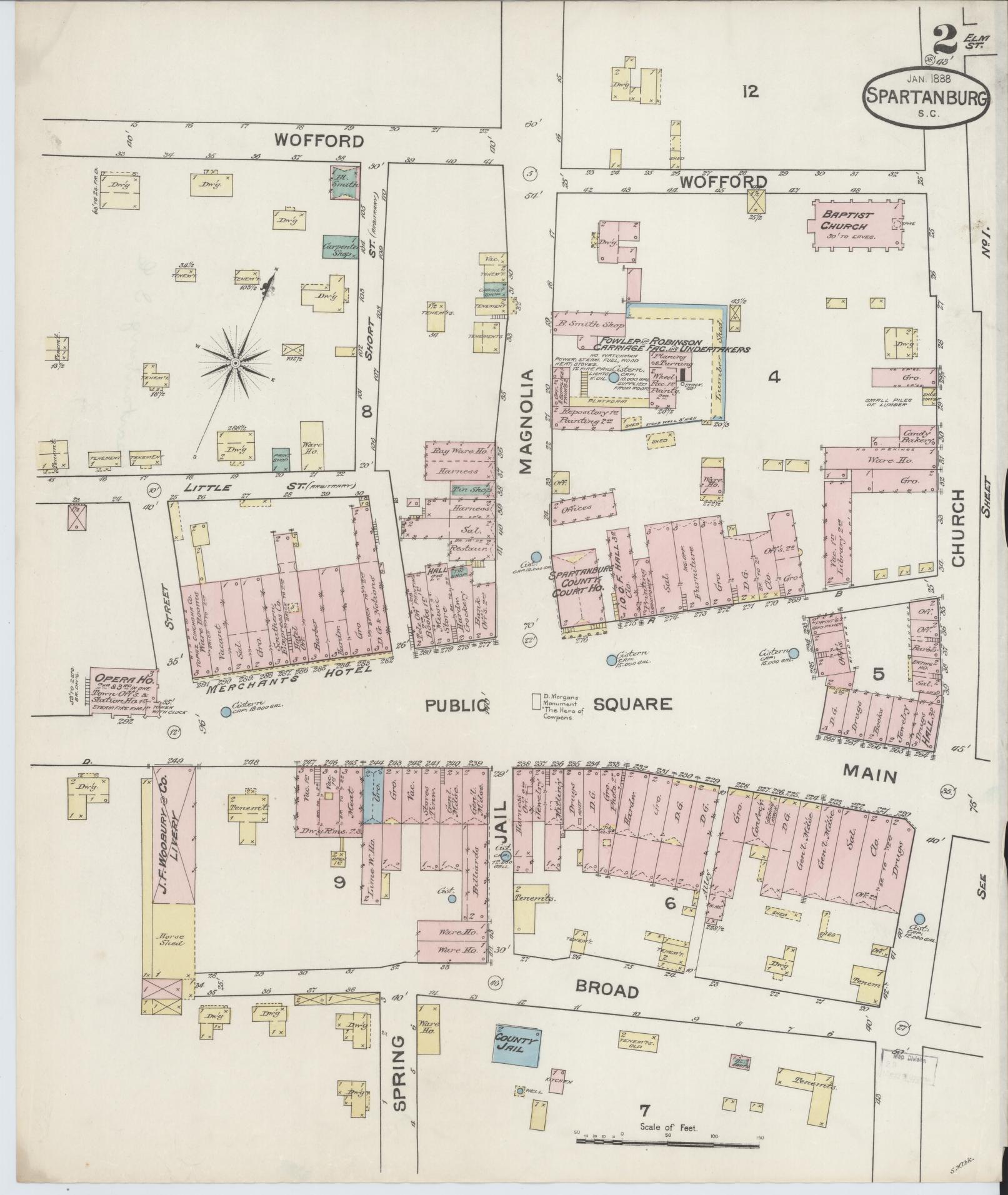 Sanborn Fire Insurance Map from Spartanburg, Spartanburg County, South Carolina (1888), Sheet #0002 - Historic Sanborn Fire Insurance Map Print, vintage old map wall art, antique decor, genealogy gift, South Carolina South Carolina map