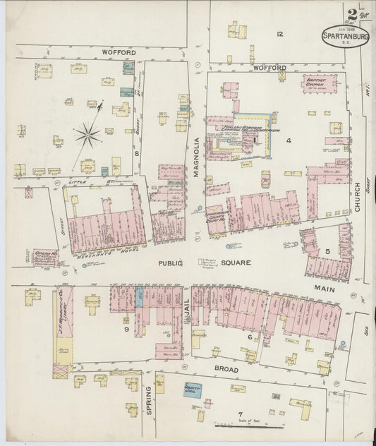 Sanborn Fire Insurance Map from Spartanburg, Spartanburg County, South Carolina (1888), Sheet #0002 - Historic Sanborn Fire Insurance Map Print, vintage old map wall art, antique decor, genealogy gift, South Carolina South Carolina map