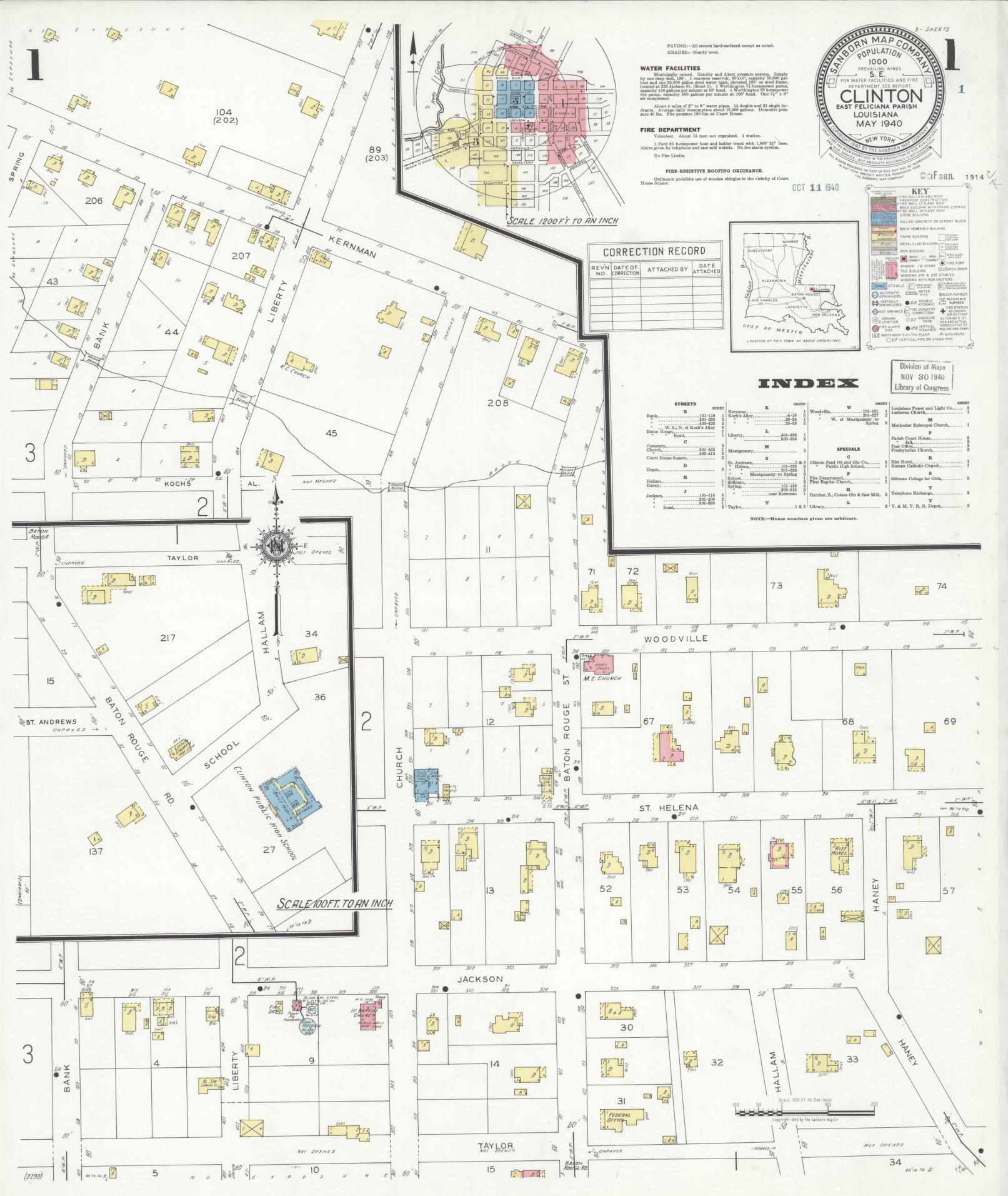 Sanborn Fire Insurance Map from Clinton, East Feliciana Parish, Louisiana (1940), Sheet #0001 - Complete Map Set gallery image, historic Sanborn map, vintage wall art, Louisiana Louisiana