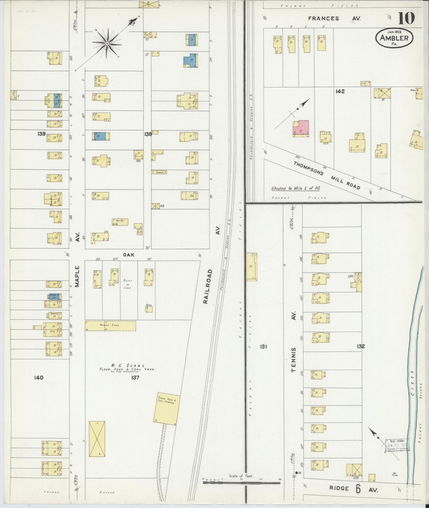 Sanborn Fire Insurance Map from Ambler, Montgomery County, Pennsylvania (1909), Sheet #0010 - Historic Sanborn Fire Insurance Map Print, vintage old map wall art, antique decor, genealogy gift, Pennsylvania Pennsylvania map