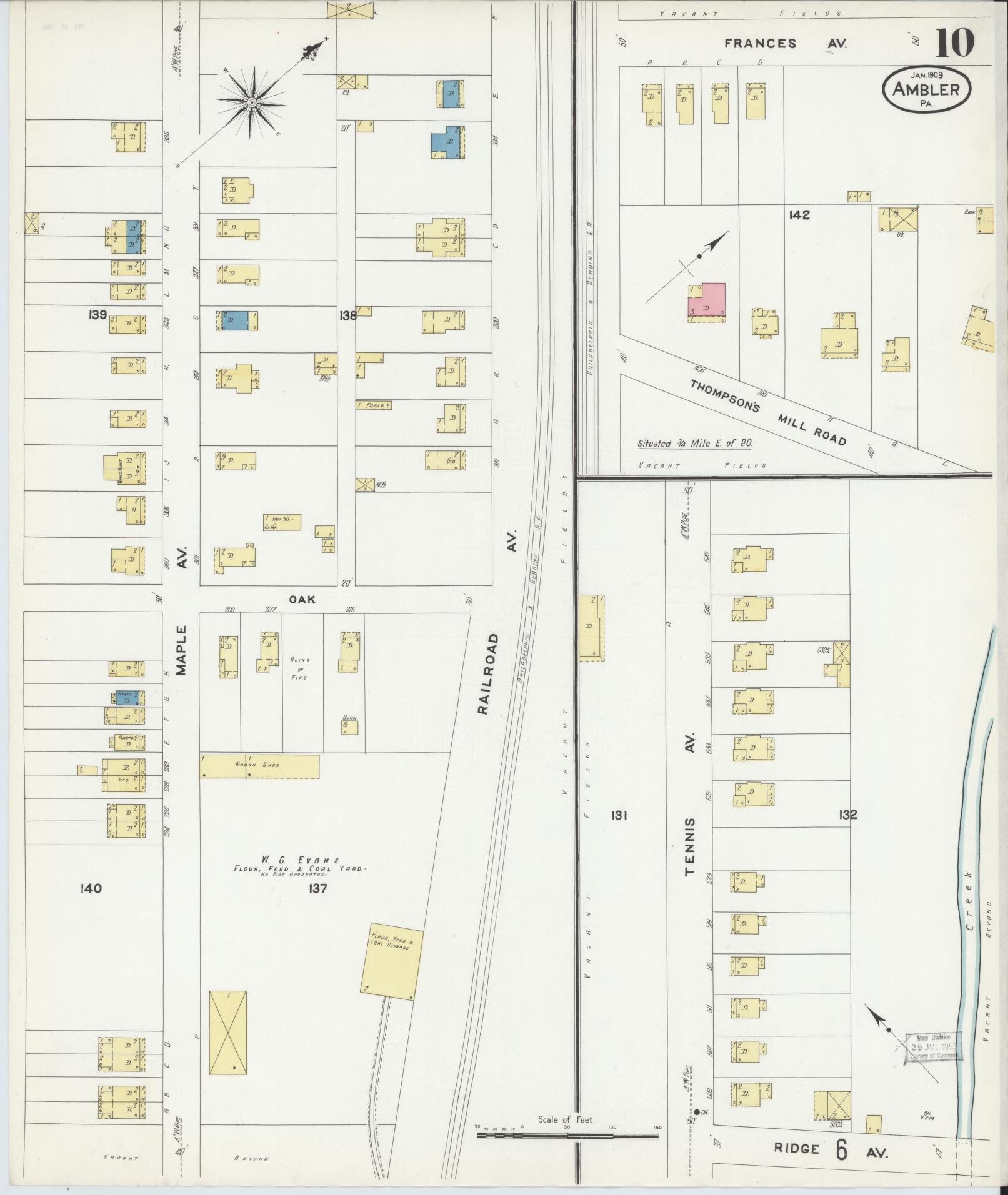 Sanborn Fire Insurance Map from Ambler, Montgomery County, Pennsylvania (1909), Sheet #0010 - Historic Sanborn Fire Insurance Map Print, vintage old map wall art, antique decor, genealogy gift, Pennsylvania Pennsylvania map
