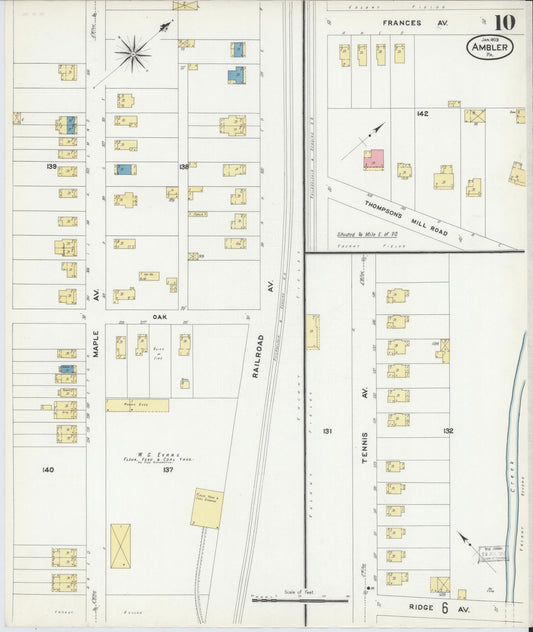Sanborn Fire Insurance Map from Ambler, Montgomery County, Pennsylvania (1909), Sheet #0010 - Historic Sanborn Fire Insurance Map Print, vintage old map wall art, antique decor, genealogy gift, Pennsylvania Pennsylvania map