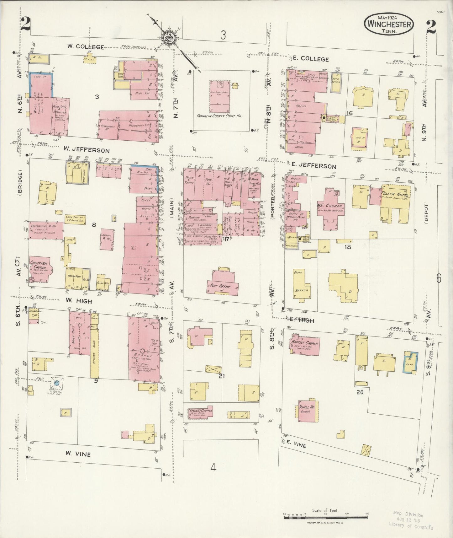 Sanborn Fire Insurance Map from Winchester, Franklin County, Tennessee (1924), Sheet #0002 - Complete Map Set gallery image, historic Sanborn map, vintage wall art, Tennessee Tennessee