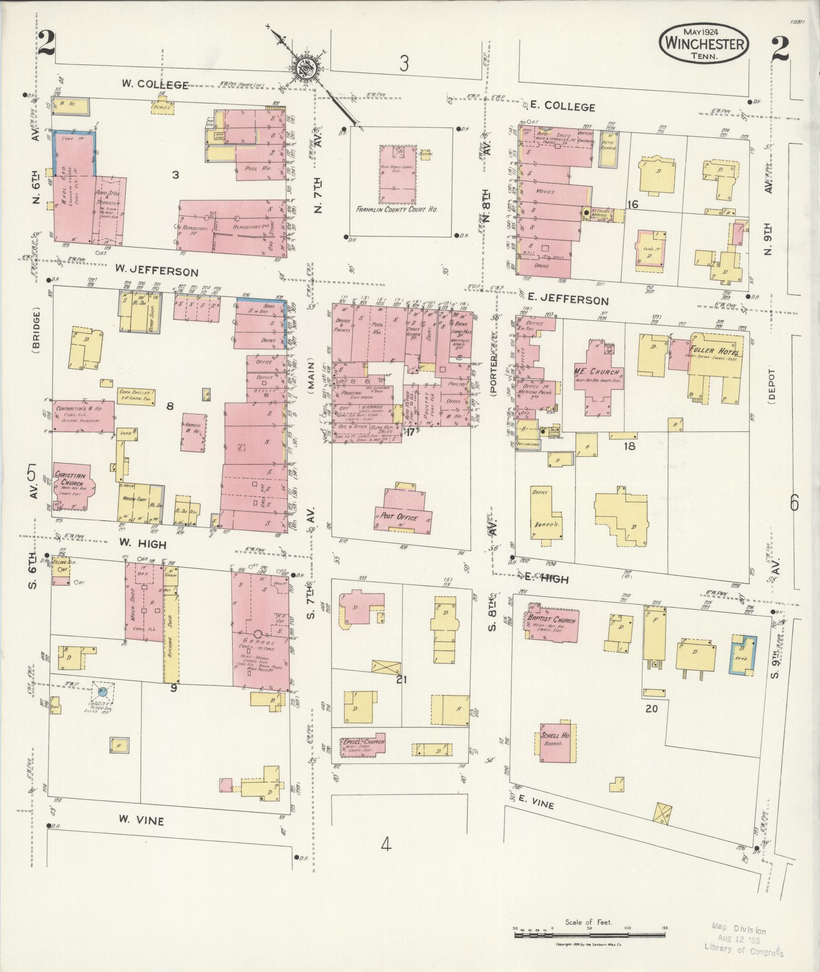Sanborn Fire Insurance Map from Winchester, Franklin County, Tennessee (1924), Sheet #0002 - Complete Map Set gallery image, historic Sanborn map, vintage wall art, Tennessee Tennessee
