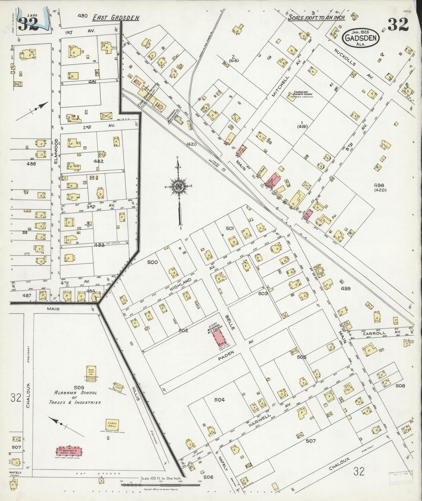 Sanborn Fire Insurance Map from Gadsden, Etowah County, Alabama (1926), Sheet #0032 - Historic Sanborn Fire Insurance Map Print, vintage old map wall art, antique decor, genealogy gift, Alabama Alabama map