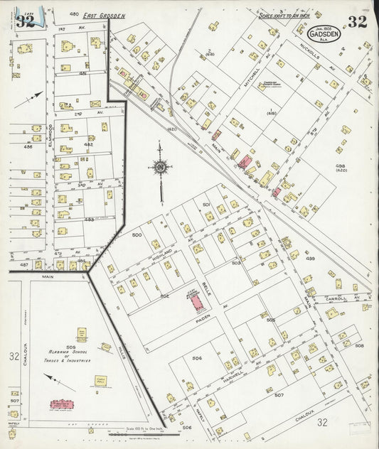 Sanborn Fire Insurance Map from Gadsden, Etowah County, Alabama (1926), Sheet #0032 - Historic Sanborn Fire Insurance Map Print, vintage old map wall art, antique decor, genealogy gift, Alabama Alabama map