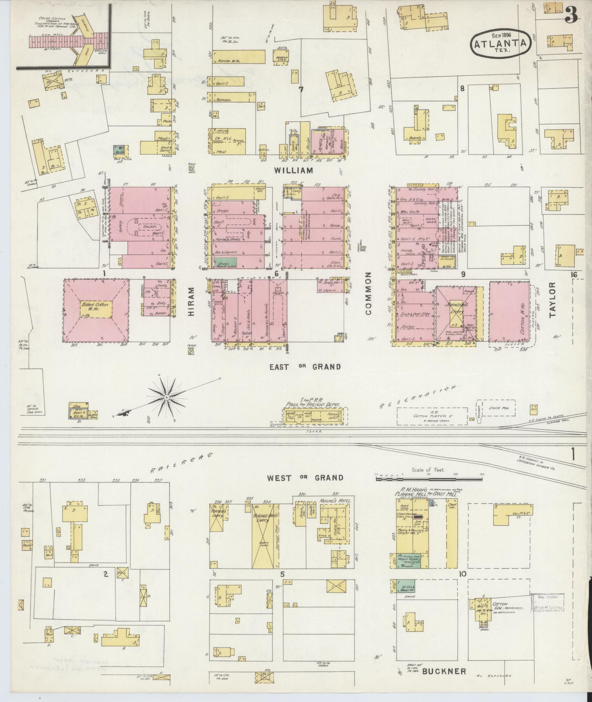 Sanborn Fire Insurance Map from Atlanta, Cass County, Texas (1896), Sheet #0003 - Historic Sanborn Fire Insurance Map Print, vintage old map wall art, antique decor, genealogy gift, Texas Texas map