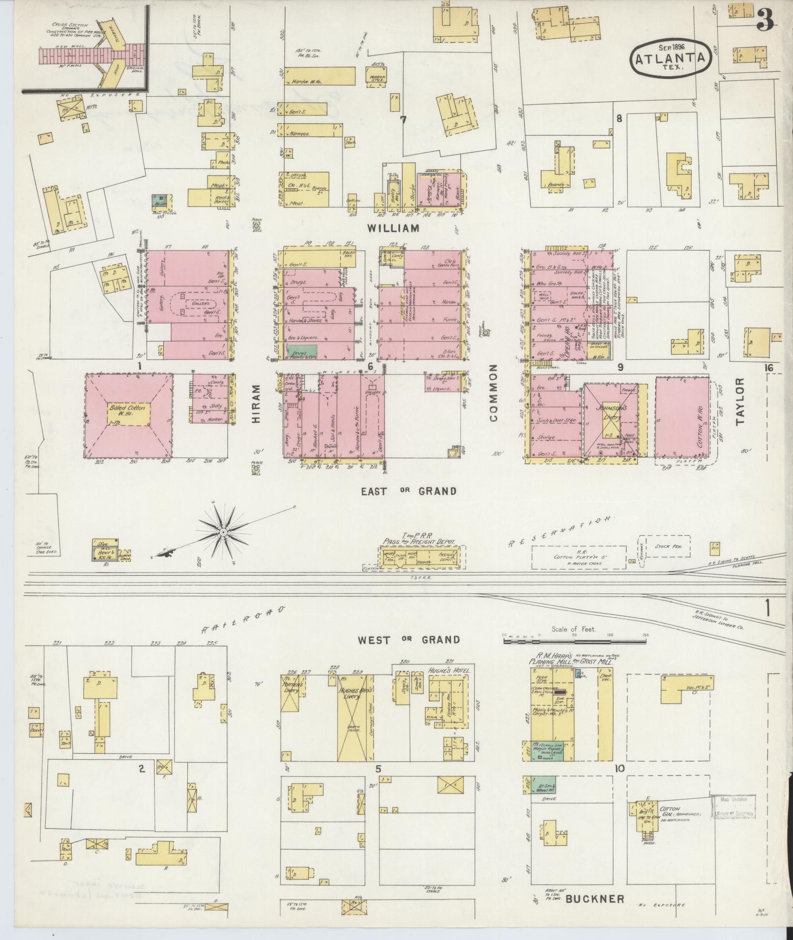 Sanborn Fire Insurance Map from Atlanta, Cass County, Texas (1896), Sheet #0003 - Historic Sanborn Fire Insurance Map Print, vintage old map wall art, antique decor, genealogy gift, Texas Texas map