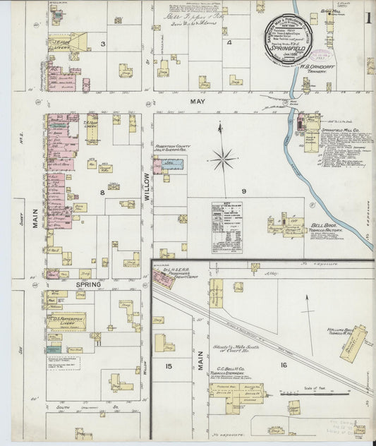 Sanborn Fire Insurance Map from Springfield, Robertson County, Tennessee (1888), Sheet #0001 - Complete Map Set gallery image, historic Sanborn map, vintage wall art, Tennessee Tennessee