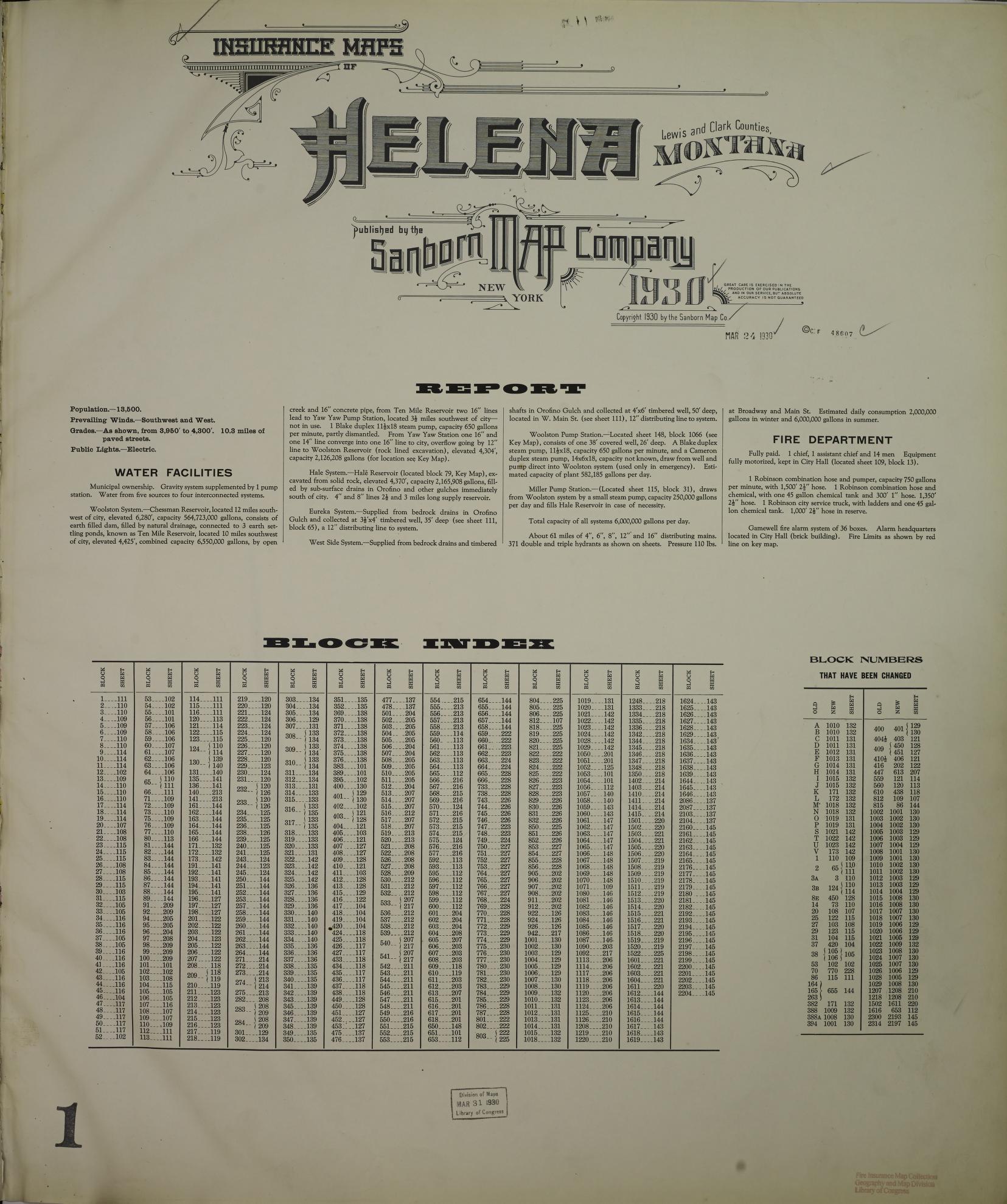Sanborn Fire Insurance Map from Helena, Lewis and Clark County, Montana (1930), Sheet #0001 - Historic Sanborn Fire Insurance Map Print, vintage old map wall art, antique decor, genealogy gift, Montana Montana map