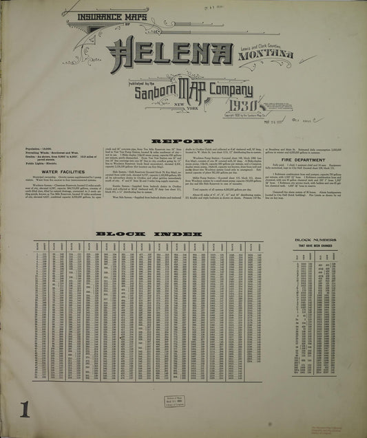 Sanborn Fire Insurance Map from Helena, Lewis and Clark County, Montana (1930), Sheet #0001 - Historic Sanborn Fire Insurance Map Print, vintage old map wall art, antique decor, genealogy gift, Montana Montana map
