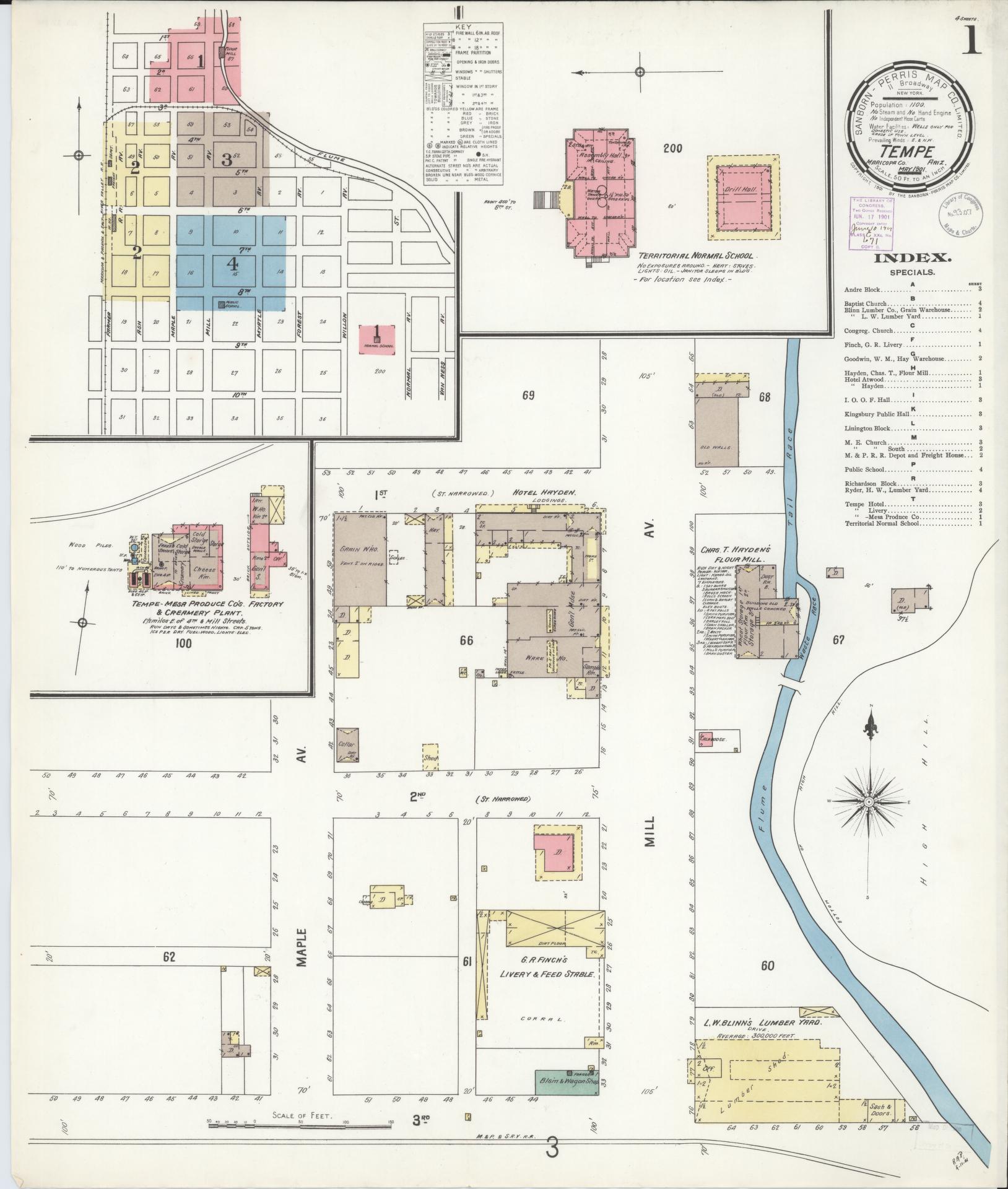Sanborn Fire Insurance Map from Tempe, Maricopa County, Arizona (1901), Sheet #0001 - Historic Sanborn Fire Insurance Map Print, vintage old map wall art, antique decor, genealogy gift, Arizona Arizona map