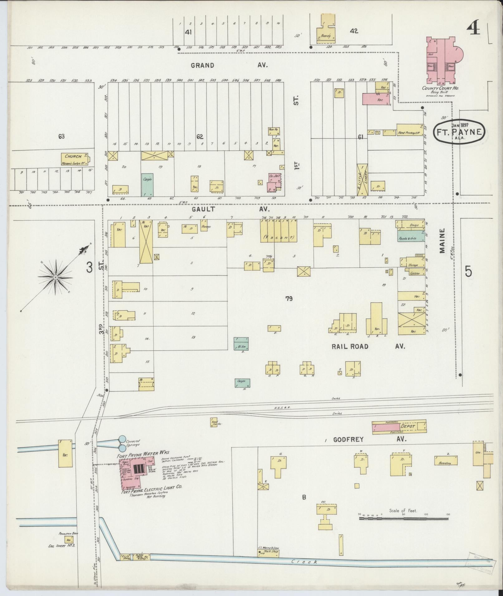 Sanborn Fire Insurance Map from Fort Payne, Dekalb County, Alabama (1897), Sheet #0004 - Complete Map Set gallery image, historic Sanborn map, vintage wall art, Alabama Alabama