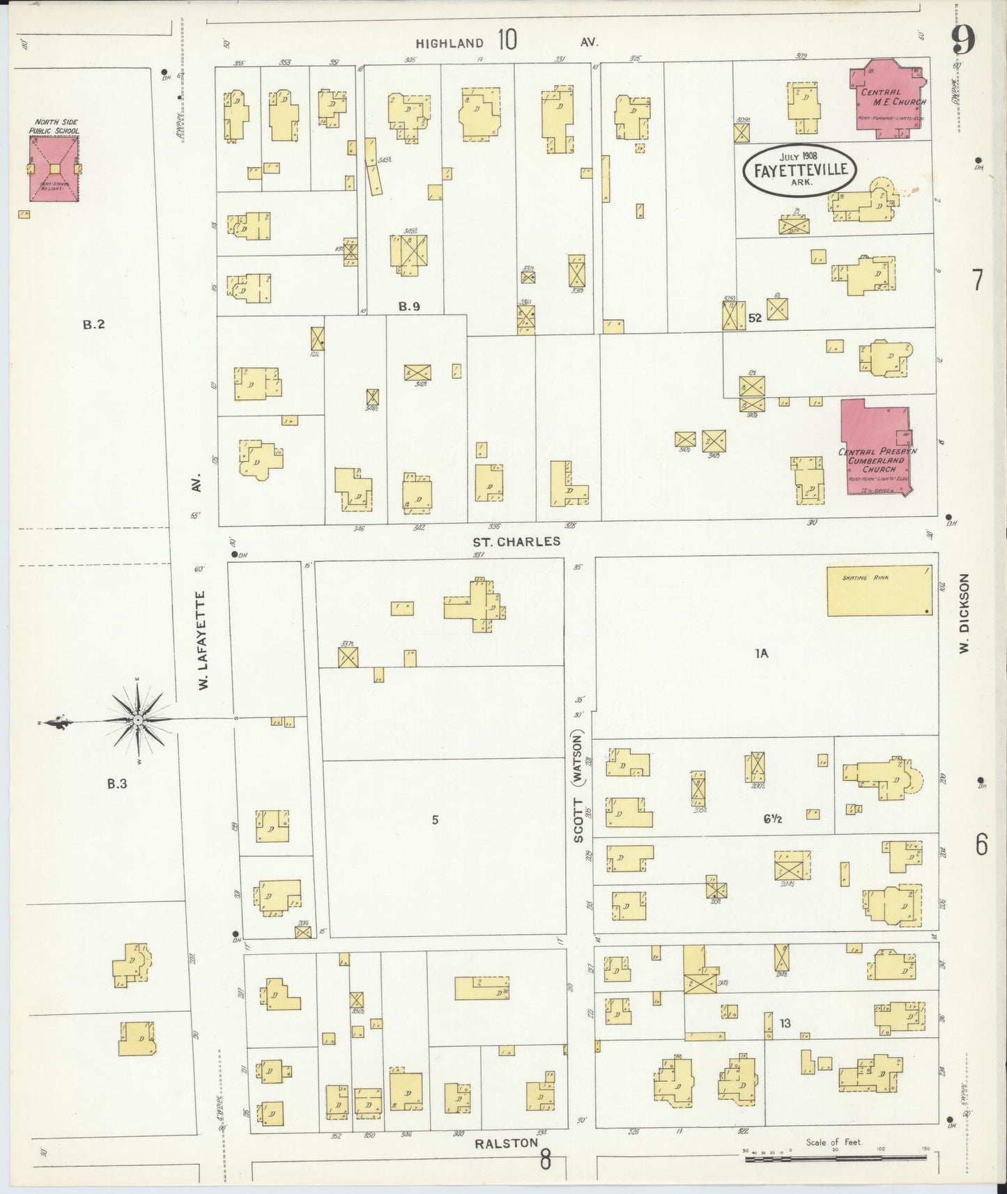 Sanborn Fire Insurance Map from Fayetteville, Washington County, Arkansas (1908), Sheet #0009 - Historic Sanborn Fire Insurance Map Print, vintage old map wall art, antique decor, genealogy gift, Arkansas Arkansas map