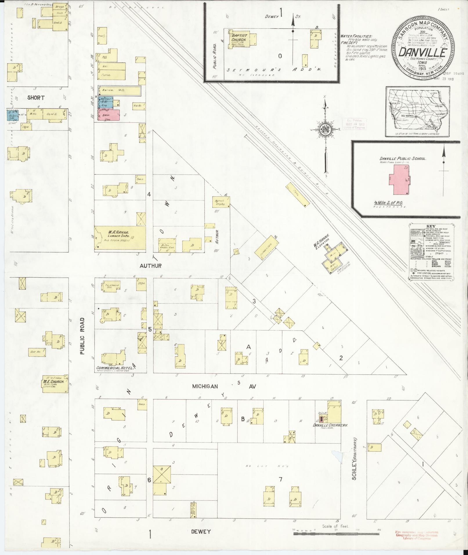 Sanborn Fire Insurance Map from Danville, Des Moines County, Iowa (1913), Sheet #0001 - Historic Sanborn Fire Insurance Map Print, vintage old map wall art
