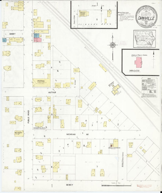 Sanborn Fire Insurance Map from Danville, Des Moines County, Iowa (1913), Sheet #0001 - Historic Sanborn Fire Insurance Map Print, vintage old map wall art