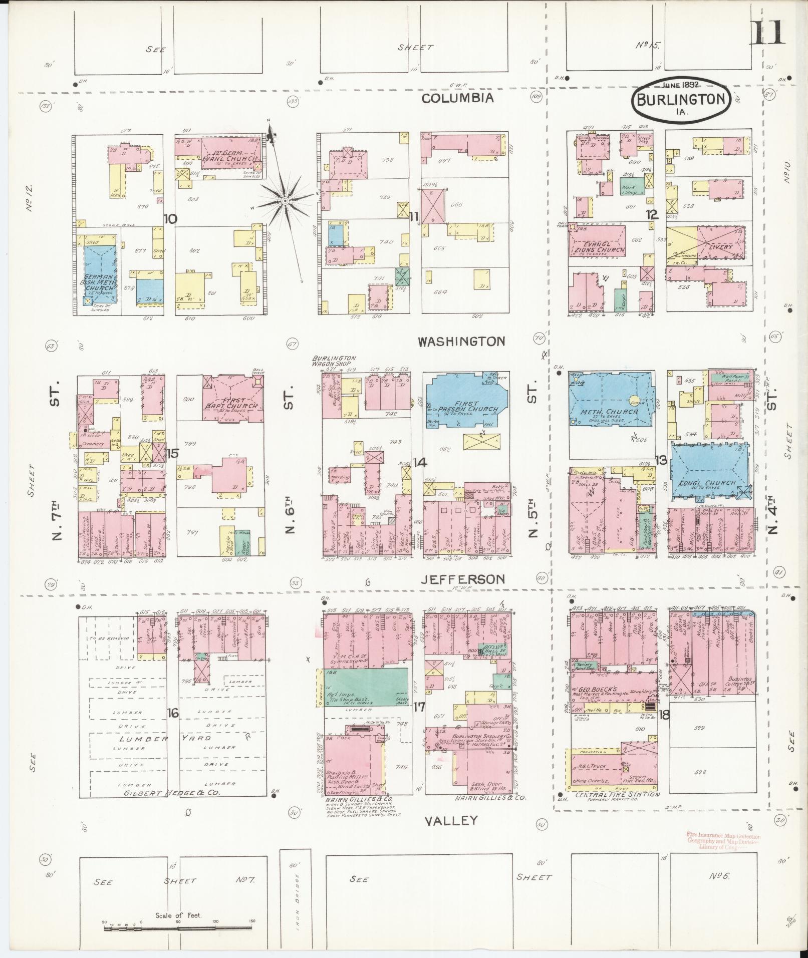 Sanborn Fire Insurance Map from Burlington, Des Moines County, Iowa (1892), Sheet #0011 - Historic Sanborn Fire Insurance Map Print, vintage old map wall art
