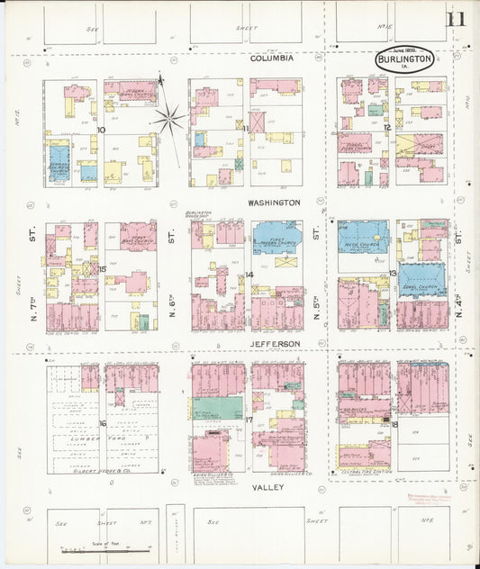 Sanborn Fire Insurance Map from Burlington, Des Moines County, Iowa (1892), Sheet #0011 - Historic Sanborn Fire Insurance Map Print, vintage old map wall art