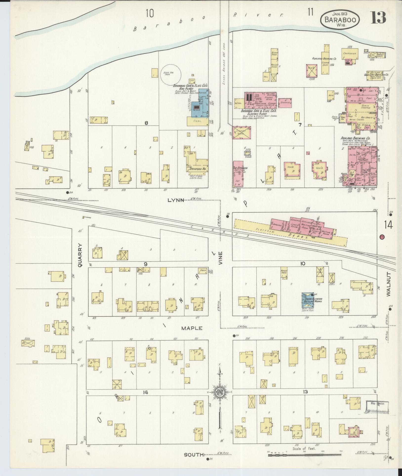 Sanborn Fire Insurance Map from Baraboo, Sauk County, Wisconsin (1913), Sheet #0013 - Historic Sanborn Fire Insurance Map Print, vintage old map wall art, antique decor, genealogy gift, Wisconsin Wisconsin map