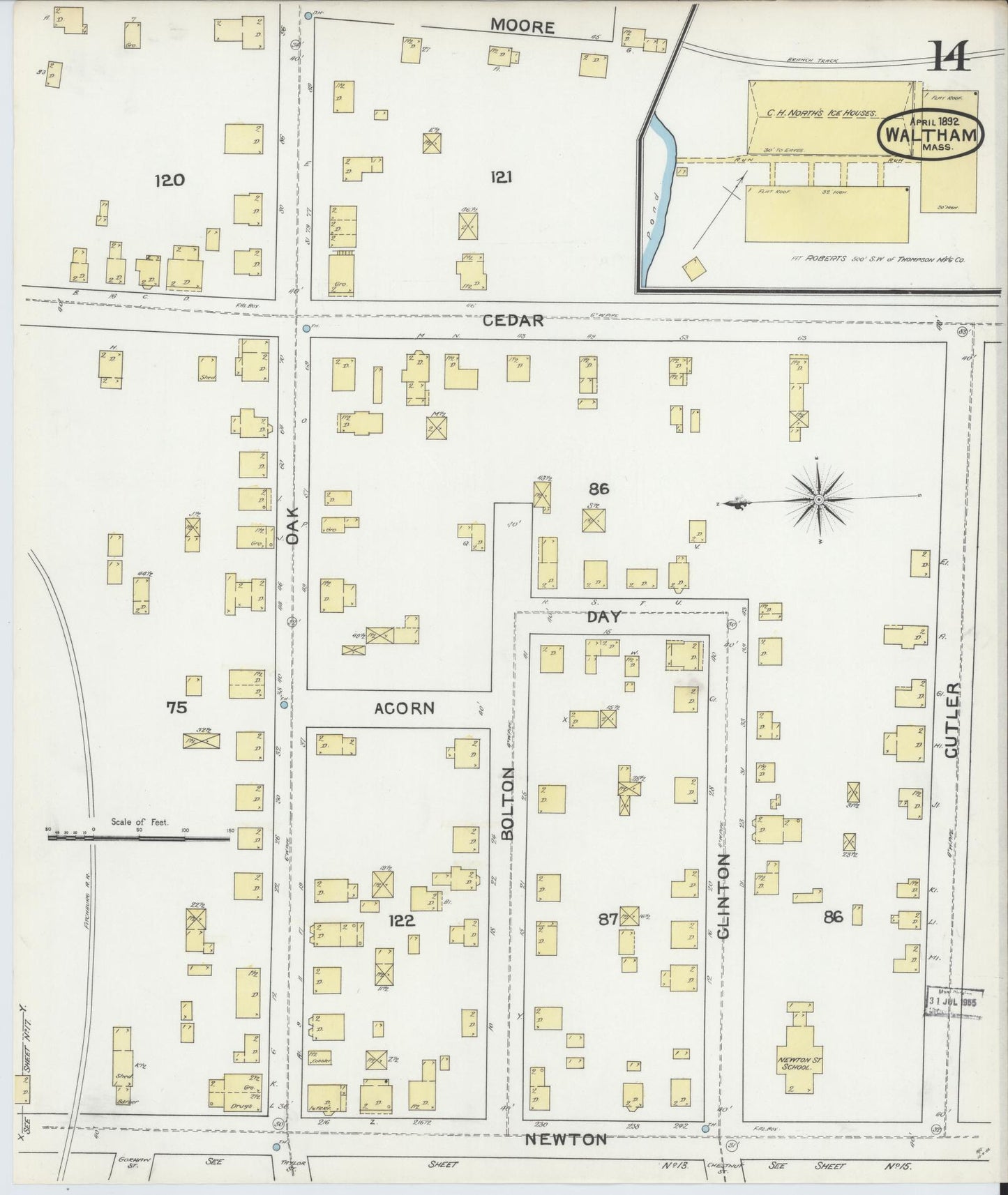 Sanborn Fire Insurance Map from Waltham, Middlesex County, Massachusetts (1892), Sheet #0014 - Complete Map Set gallery image, historic Sanborn map, vintage wall art, Massachusetts Massachusetts