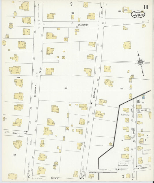 Sanborn Fire Insurance Map from Laurens, Laurens County, South Carolina (1912), Sheet #0011 - Historic Sanborn Fire Insurance Map Print, vintage old map wall art, antique decor, genealogy gift, South Carolina South Carolina map