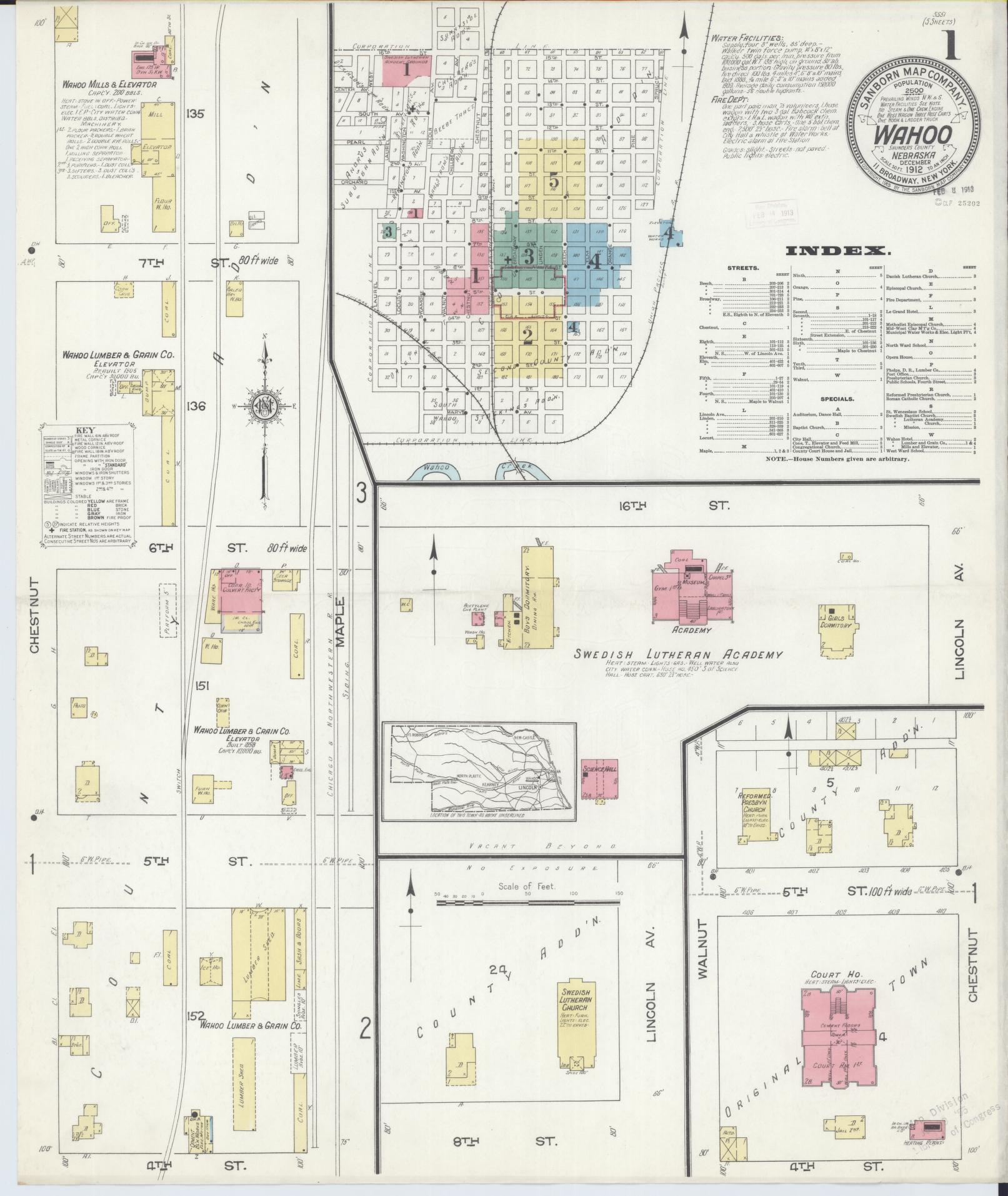 Sanborn Fire Insurance Map from Wahoo, Saunders County, Nebraska (1912), Sheet #0001 - Historic Sanborn Fire Insurance Map Print, vintage old map wall art, antique decor, genealogy gift, Nebraska Nebraska map