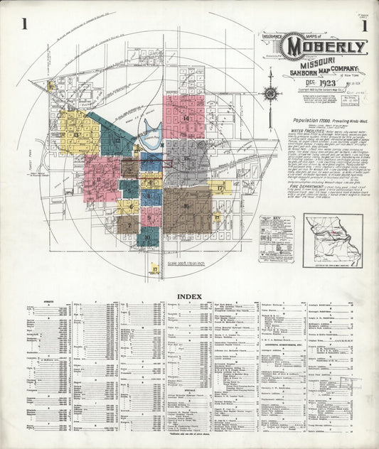 Sanborn Fire Insurance Map from Moberly, Randolph County, Missouri (1923), Sheet #0001 - Complete Map Set gallery image, historic Sanborn map, vintage wall art, Missouri Missouri