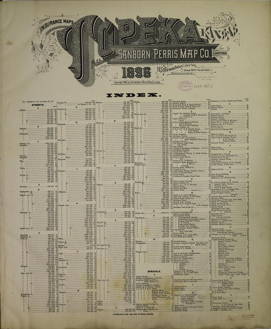 Sanborn Fire Insurance Map from Topeka, Shawnee County, Kansas (1896), Sheet #0001 - Historic Sanborn Fire Insurance Map Print, vintage old map wall art, antique decor, genealogy gift, Kansas Kansas map
