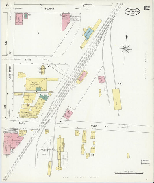 Sanborn Fire Insurance Map from Lakewood, Ocean County, New Jersey (1909), Sheet #0012 - Historic Sanborn Fire Insurance Map Print, vintage old map wall art, antique decor, genealogy gift, New Jersey New Jersey map