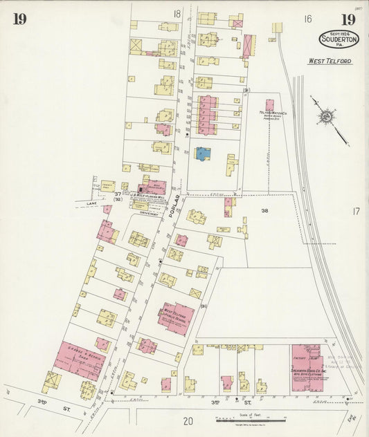 Sanborn Fire Insurance Map from Souderton, Montgomery County, Pennsylvania (1924), Sheet #0019 - Historic Sanborn Fire Insurance Map Print, vintage old map wall art, antique decor, genealogy gift, Pennsylvania Pennsylvania map