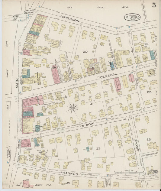 Sanborn Fire Insurance Map from Milford, Worcester County, Massachusetts (1885), Sheet #0005 - Historic Sanborn Fire Insurance Map Print, vintage old map wall art, antique decor, genealogy gift, Massachusetts Massachusetts map