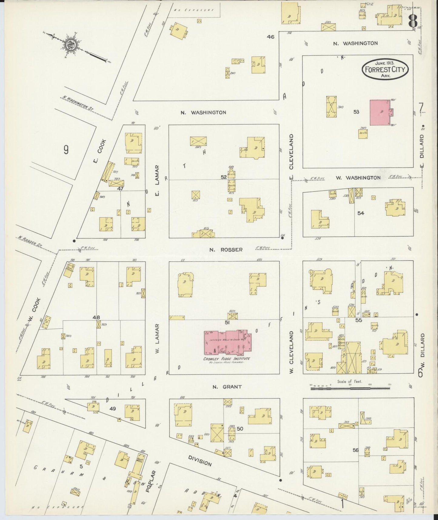 Sanborn Fire Insurance Map from Forrest City, Saint Francis County, Arkansas (1913), Sheet #0008 - Historic Sanborn Fire Insurance Map Print, vintage old map wall art, antique decor, genealogy gift, Arkansas Arkansas map