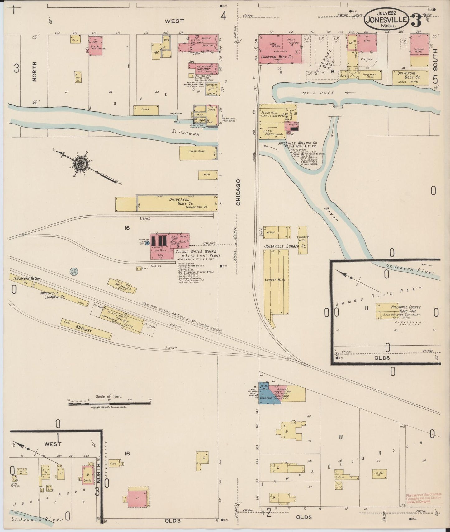 Sanborn Fire Insurance Map from Jonesville, Hillsdale County, Michigan (1922), Sheet #0003 - Complete Map Set gallery image, historic Sanborn map, vintage wall art, Michigan Michigan