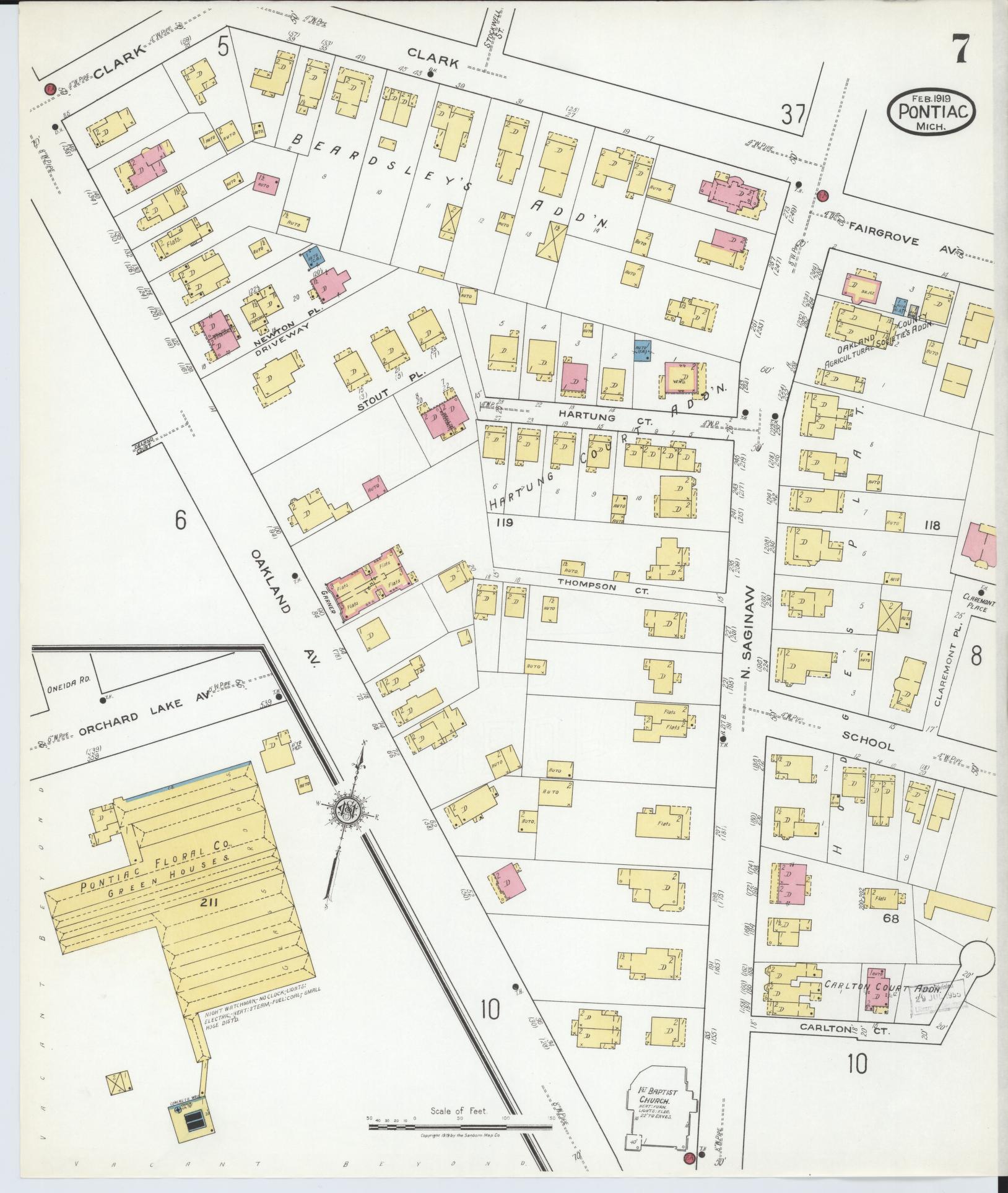 Sanborn Fire Insurance Map from Pontiac, Oakland County, Michigan (1919), Sheet #0007 - Complete Map Set gallery image, historic Sanborn map, vintage wall art, Michigan Michigan