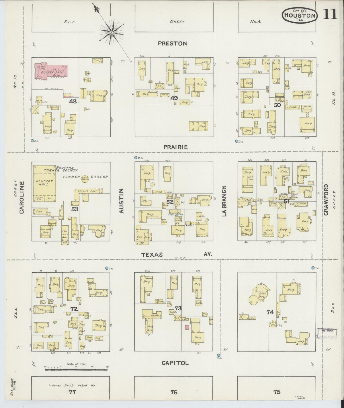 Sanborn Fire Insurance Map from Houston, Harris County, Texas (1890), Sheet #0011 - Historic Sanborn Fire Insurance Map Print, vintage old map wall art, antique decor, genealogy gift, Texas Texas map