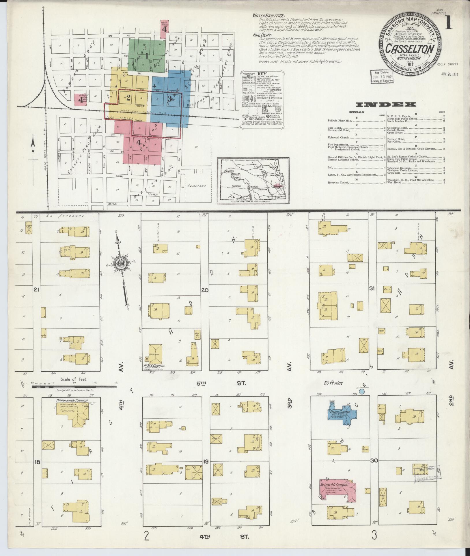 Sanborn Fire Insurance Map from Casselton, Cass County, North Dakota (1917), Sheet #0001 - Historic Sanborn Fire Insurance Map Print, vintage old map wall art, antique decor, genealogy gift, North Dakota North Dakota map