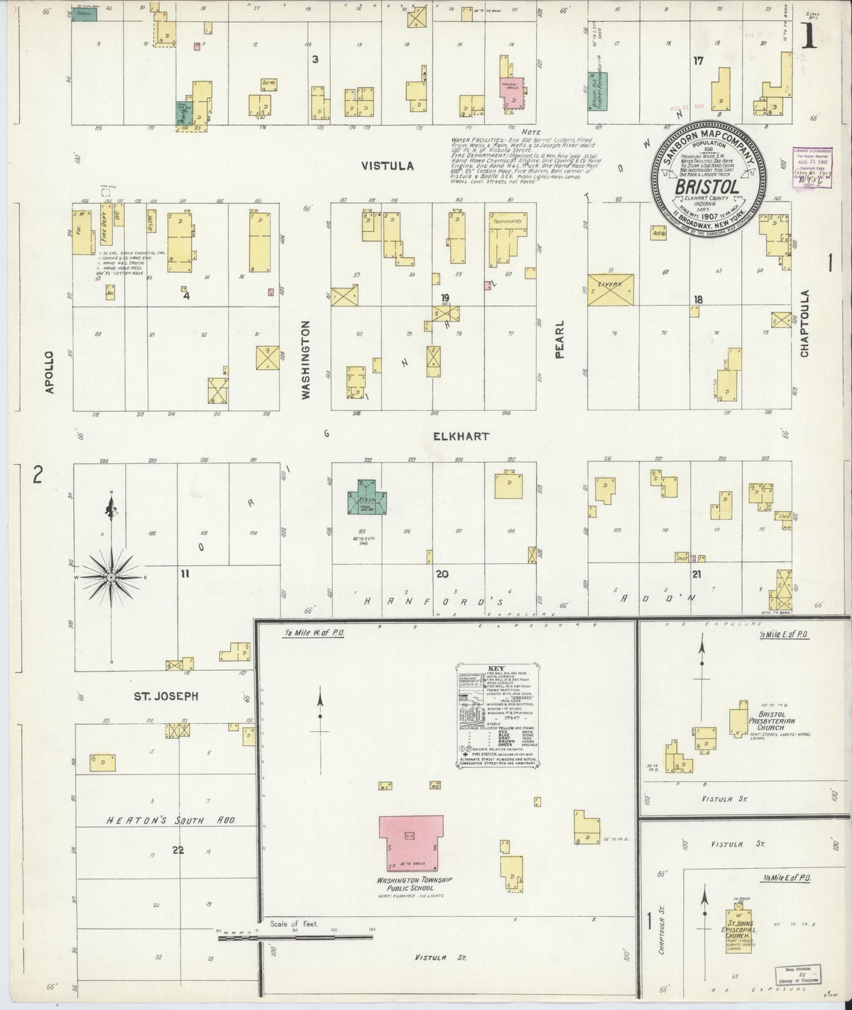 Sanborn Fire Insurance Map from Bristol, Elkhart County, Indiana (1907), Sheet #0001 - Historic Sanborn Fire Insurance Map Print, vintage old map wall art, antique decor, genealogy gift, Indiana Indiana map