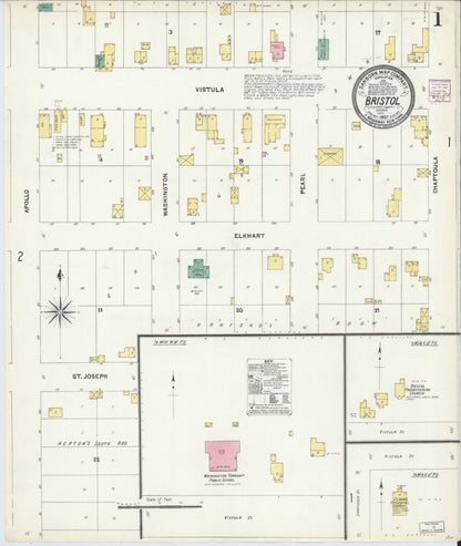 Sanborn Fire Insurance Map from Bristol, Elkhart County, Indiana (1907), Sheet #0001 - Historic Sanborn Fire Insurance Map Print, vintage old map wall art, antique decor, genealogy gift, Indiana Indiana map