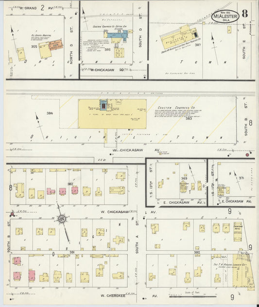 Sanborn Fire Insurance Map from McAlester, Pittsburg County, Oklahoma (1913), Sheet #0008 - Historic Sanborn Fire Insurance Map Print, vintage old map wall art, antique decor, genealogy gift, Oklahoma Oklahoma map
