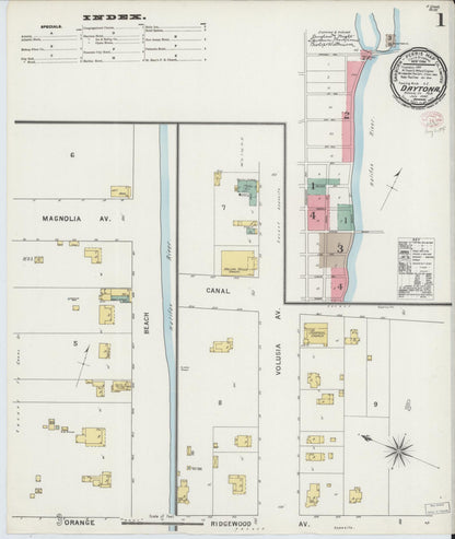 Sanborn Fire Insurance Map from Daytona, Volusia County, Florida (1895), Sheet #0001 - Complete Map Set gallery image, historic Sanborn map, vintage wall art, Florida Florida