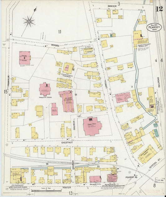 Sanborn Fire Insurance Map from Peabody, Essex County, Massachusetts (1903), Sheet #0012 - Historic Sanborn Fire Insurance Map Print, vintage old map wall art, antique decor, genealogy gift, Massachusetts Massachusetts map