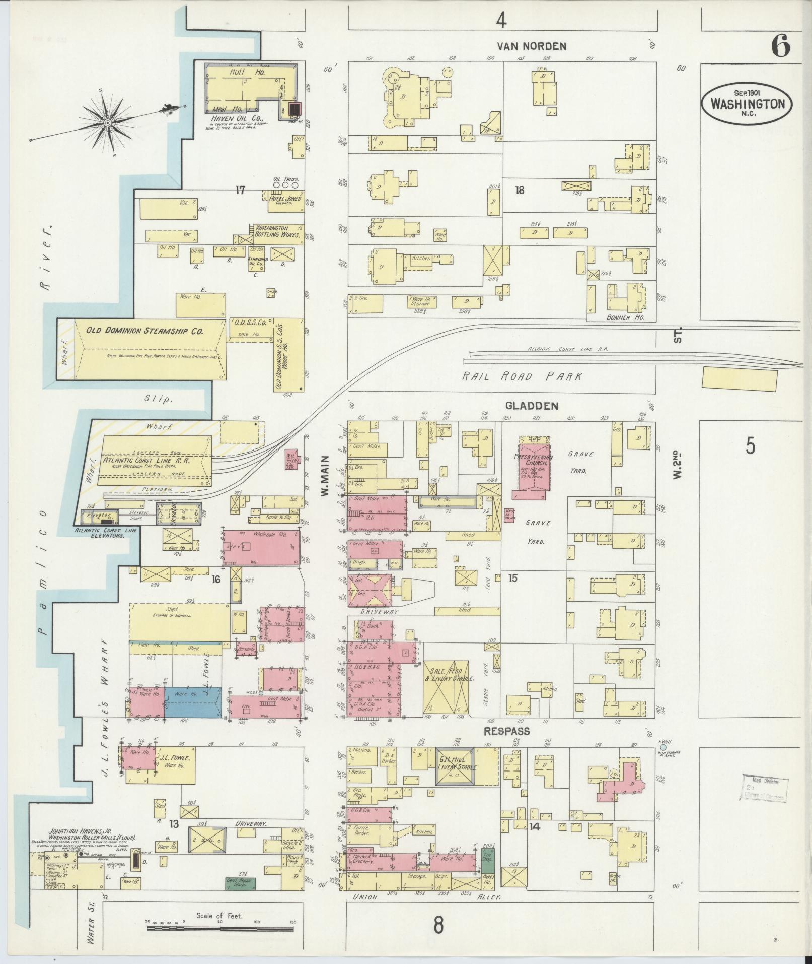 Sanborn Fire Insurance Map from Washington, Beaufort County, North Carolina (1901), Sheet #0006 - Historic Sanborn Fire Insurance Map Print, vintage old map wall art, antique decor, genealogy gift, North Carolina North Carolina map