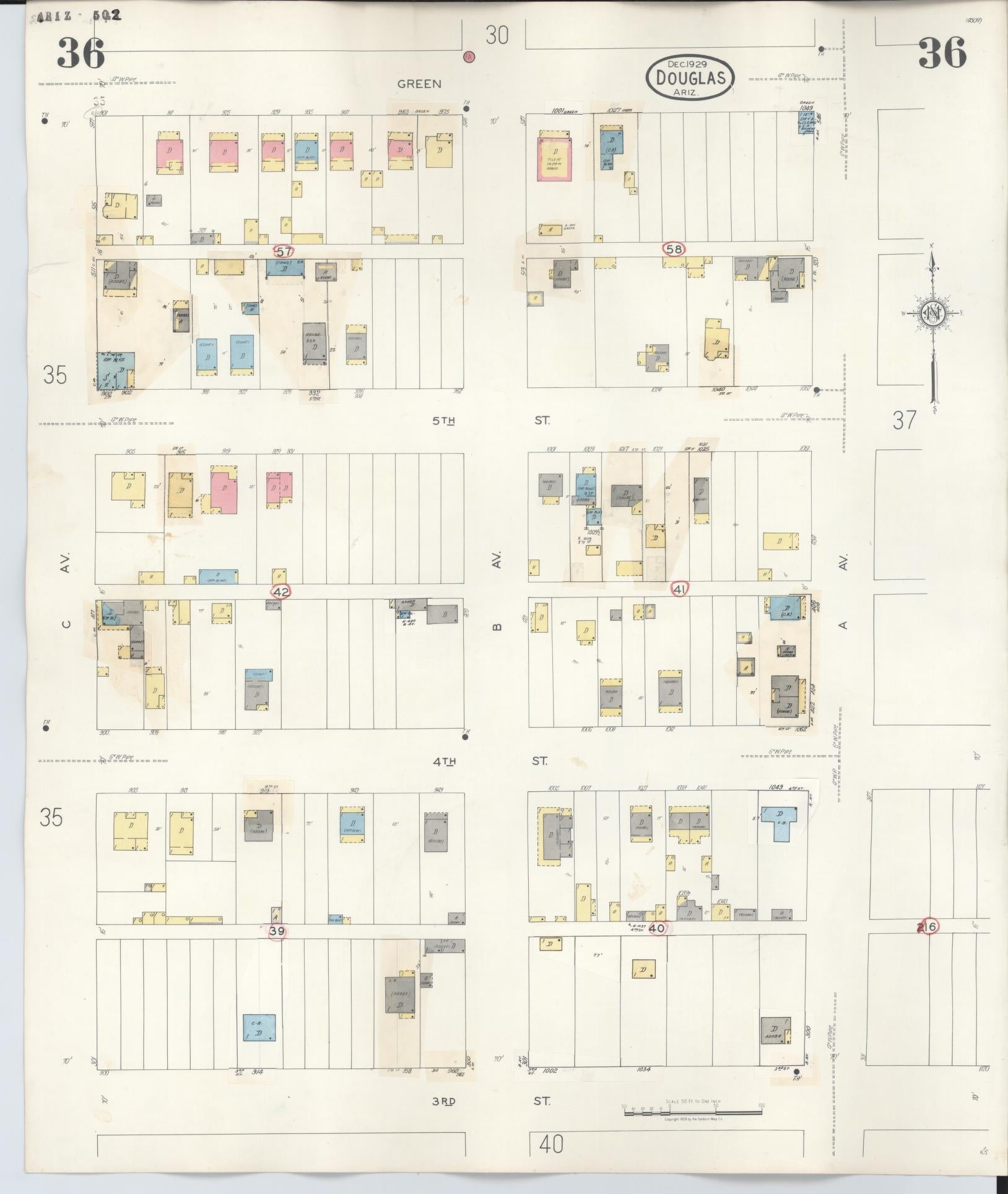 Sanborn Fire Insurance Map from Douglas, Cochise County, Arizona (1947), Sheet #0036 - Complete Map Set gallery image, historic Sanborn map, vintage wall art, Arizona Arizona