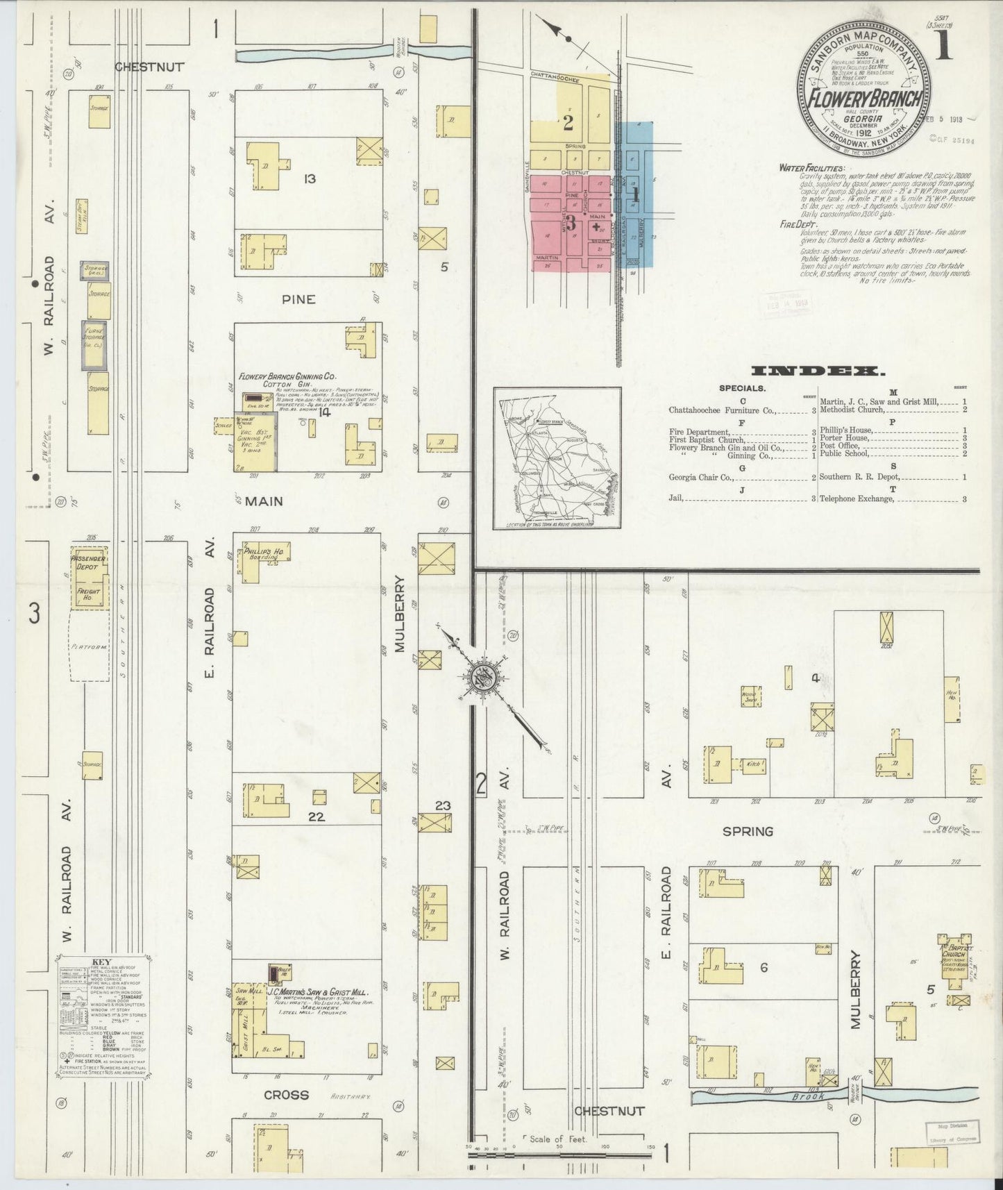 Sanborn Fire Insurance Map from Flowery Branch, Hall County, Georgia (1912), Sheet #0001 - Historic Sanborn Fire Insurance Map Print, vintage old map wall art, antique decor, genealogy gift, Georgia Georgia map
