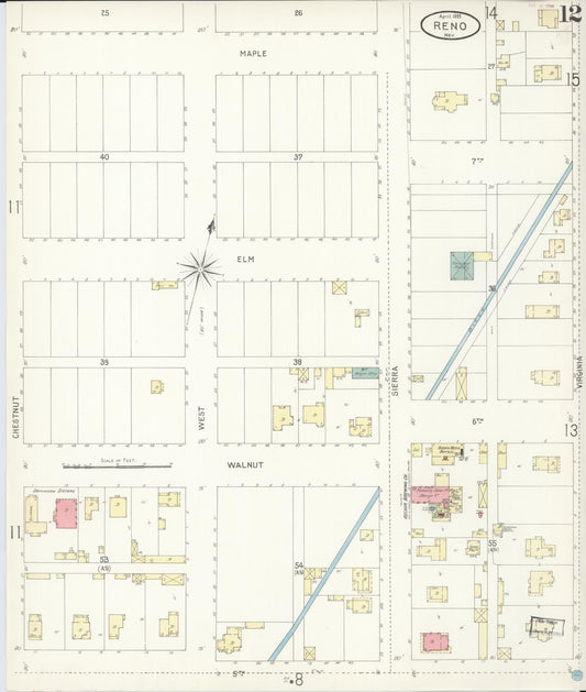 Sanborn Fire Insurance Map from Reno, Washoe County, Nevada (1899), Sheet #0012 - Historic Sanborn Fire Insurance Map Print, vintage old map wall art, antique decor, genealogy gift, Nevada Nevada map